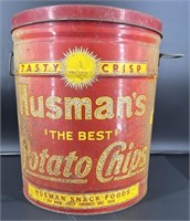 Large Vintage Husman's Potato Chip Tin Can