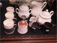 11 ironstone, pewter and silverplate items: mugs,