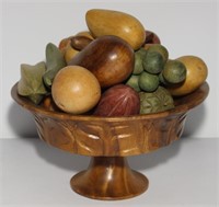 mid century carved bowl of wooden fruit