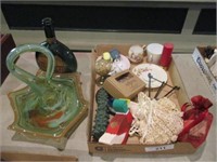 Blown glass figurine, old bottle, box of misc