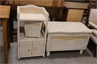 WICKER SIDE TABLE, TRASH CAN AND CHEST