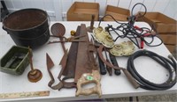 Hand saws, cast iron kettle, misc.