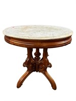 WALNUT OVAL MARBLE TOP CARVED TABLE