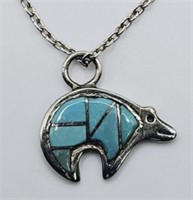 Sterling Silver Turquoise Inlay Bear Necklace
