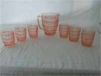 PINK DEPRESSION GLASS PITCHER / 6 GLASSES