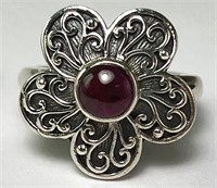 Sterling Garnet Flower Ring 5 Grams Size 8