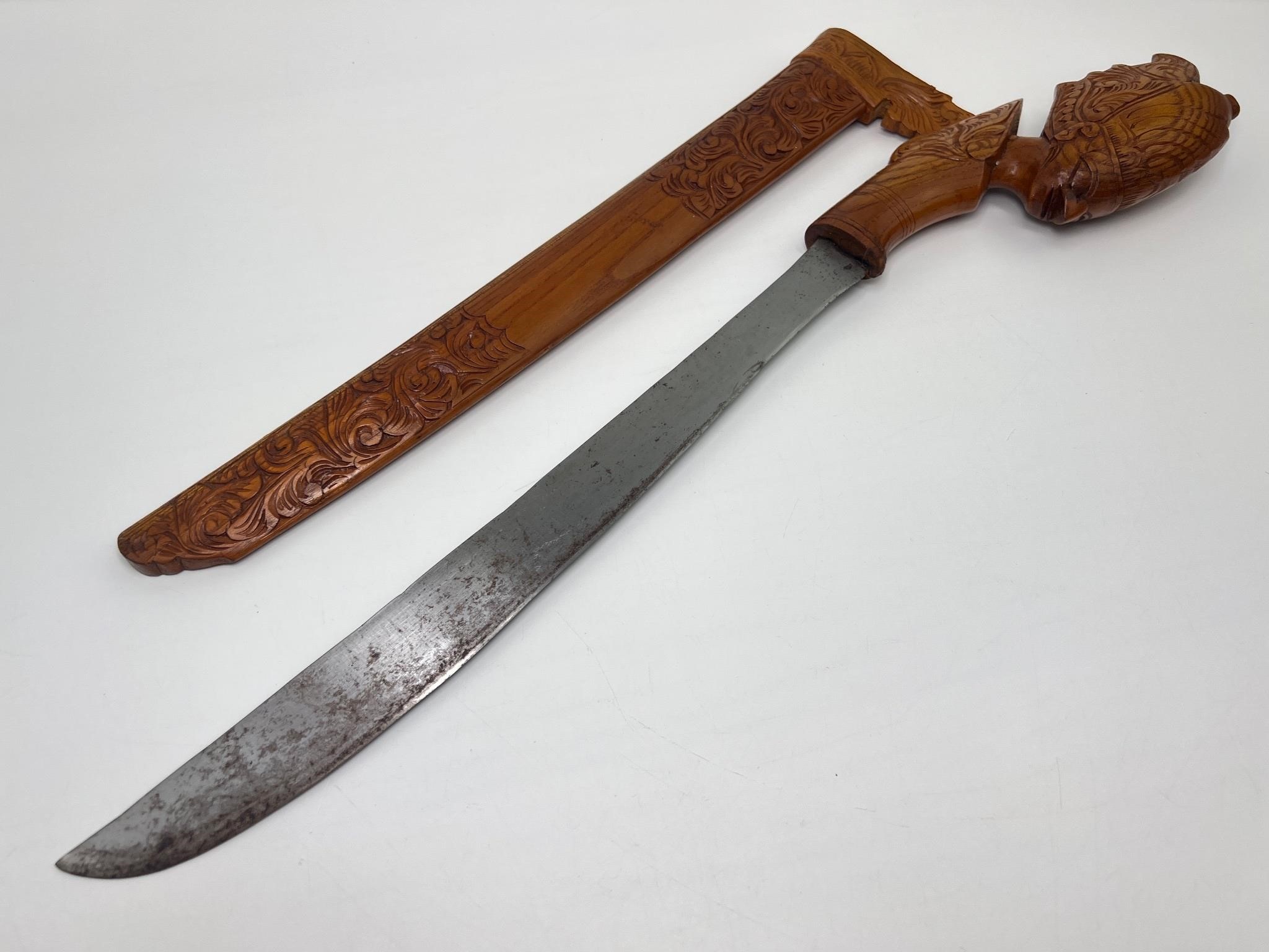 Sword with Wood Carved Handle & Sheath - Vintage