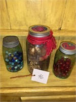 BALL JAR WITH MARBLES AND MISC