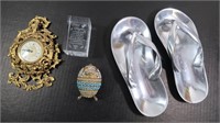 Misc Lot-Brass Clock, Metal Sandals, Egg