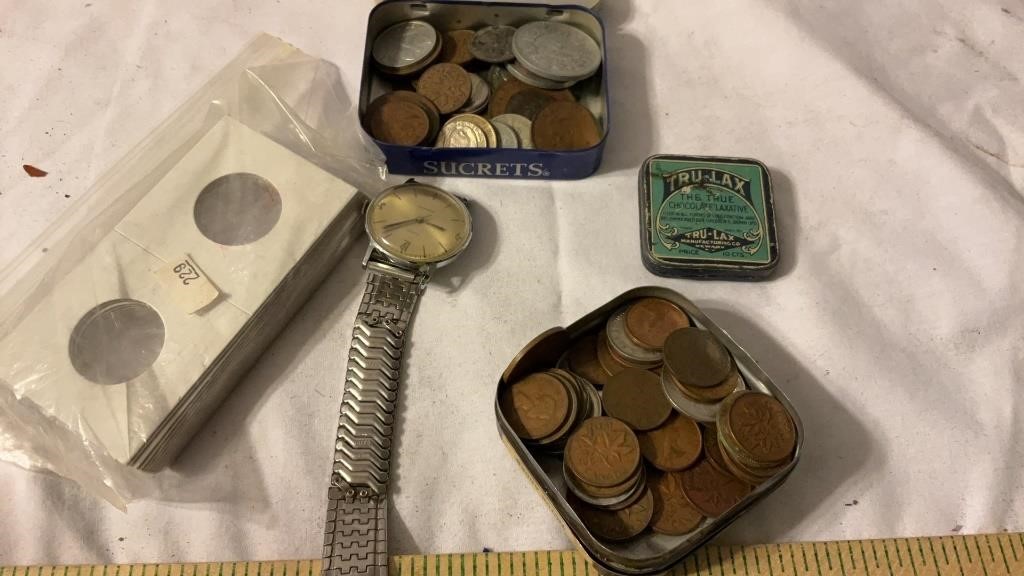 Assorted Foreign Coins, Coin Holders, Watch