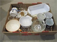 Box of Mugs, Baking Dishes, Milk Glass, Misc