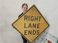 Metal RIGHT LANE ENDS Sign  30 x 30"