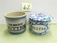 (2) Butter Crocks - (1) Blue Sponge w/ Lid,