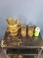 Yellow Glass Flower Design Pitcher & 2 Cups