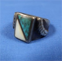 Sterling Silver Ring w/mop&Turquoise Stone-Sz 9
