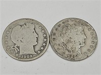 1902 Silver Barber Half Dollar 2 Coins