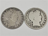 1901 Silver Barber Half Dollar 2 Coins