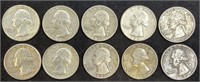 10 Qty pre 64' Washington Quarters Silver 90% coin