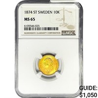 1874 .1296oz. Gold ST Sweden 10 Kroner NGC MS65