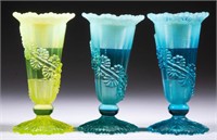 FLUTED SCROLLS PRESSED OPALESCENT GLASS VASES,