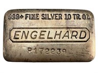 Engelhard 10 oz. .999 Silver hand stamped bar