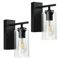 Set of Two Wall Sconces  Matte Black with Clear Gl