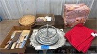 Kitchen: Footed cake plate, platters, knives,