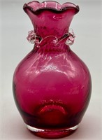 Vintage Cranberry Glass Vase w/ Ruffled Rim