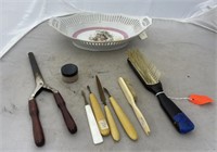 Pile, Old curler, brushes, China tray, button holl