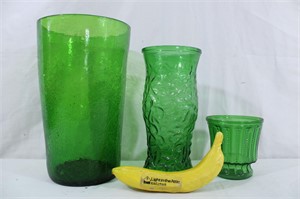 Blown Green Crackle Glass Vase, Hoosier Glass+