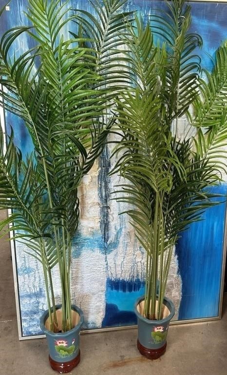11 - PAIR OF FAUX PALM TREES IN PLANTERS 72+"T