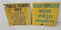 2 Tin Signs Public Fishing Unauthorized Vehicle