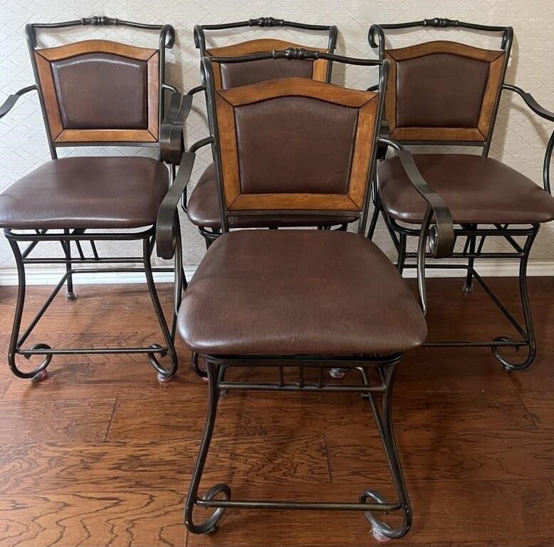 (4) Swivel Metal, Faux Leather, & Wood Barstools