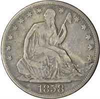 1858 SEATED LIBERTY HALF - VG, OLD CLEANING