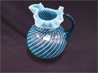 10" Blue Opalescent Swirl pitcher with fluted rim