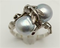 Silver with blue baroque cultured pearl ring