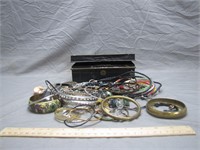 Assortment of Vintage Jewelry in Old Metal Lockbox