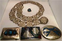 Belt, Mexican Belt Buckles & Turquoise Pin