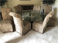 GLASSTOP TABLE AND 6 UPHOLSTERED CHAIRS