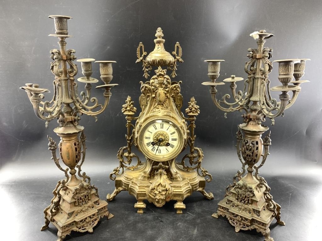 Lot of 3: antique 18th century mantel clock with b