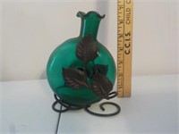 Vintage Green glass vase w/ ivy holder