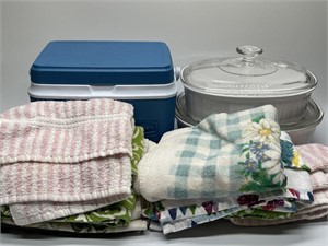 Small Rubbermaid Cooler, Kitchen Towels and Two