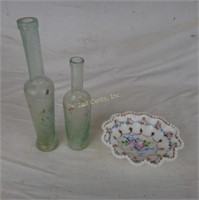 2 Glass Bottles & Candy Dish