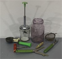 Vintage Kitchen Tools & Violet Canning Jar-chipped