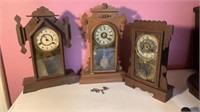 Lot of 3 Antique Mechanical Kitchen Shelf Clocks