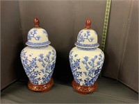 Bombay Ginger Jar Vase White and Blue w/ stand x2
