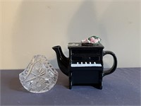 Porcelain Piano Teapot and Crystal Trinket Basket