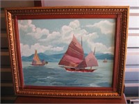 Framed Sailboat  Oil on canvas painting