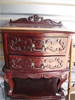 Mahogany, ornate double drawer Nightstand