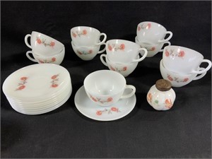 VTG Fire King Pink Floral Cups & Saucers+Shaker